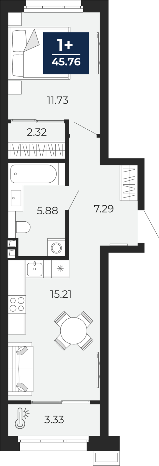 1-комнатная квартира, 45.76 кв.м, ЖК «Беринг»