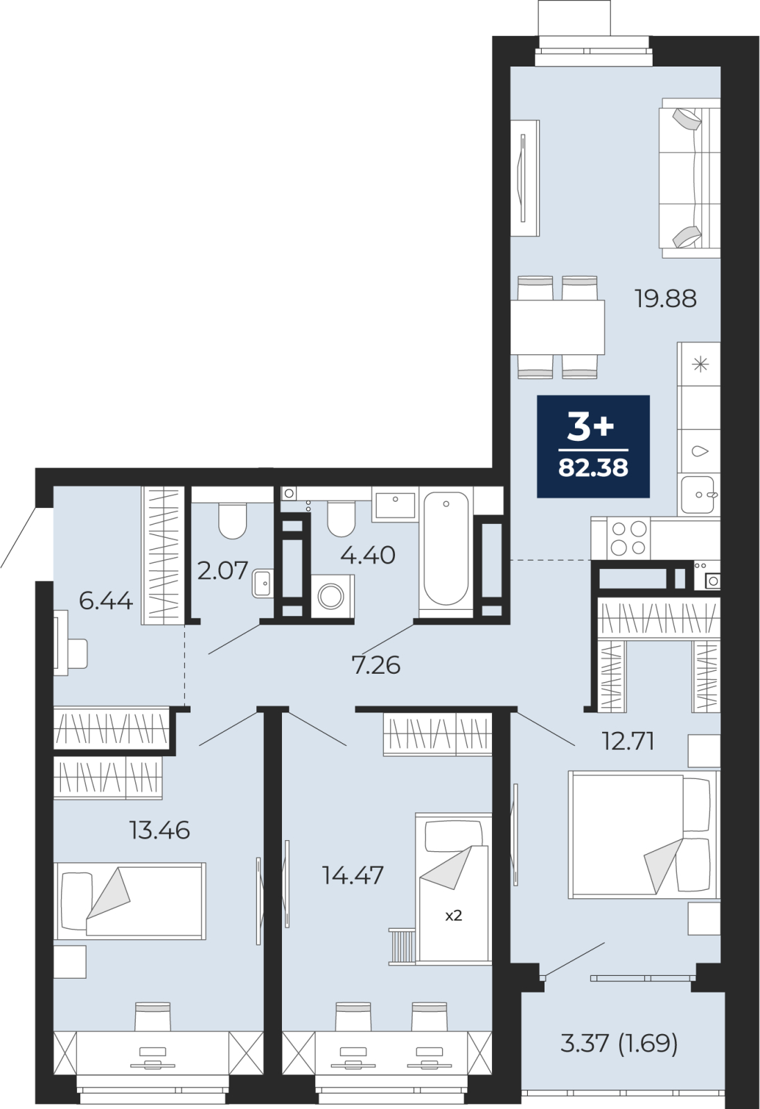 3-комнатная квартира, 84.06 кв.м, жилой район «Прео» 3-комнатная квартира, 84.06 кв.м, жилой район «Прео»