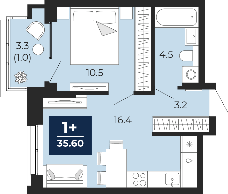 1-комнатная квартира, 37.9 кв.м, ЖК "Мириады"