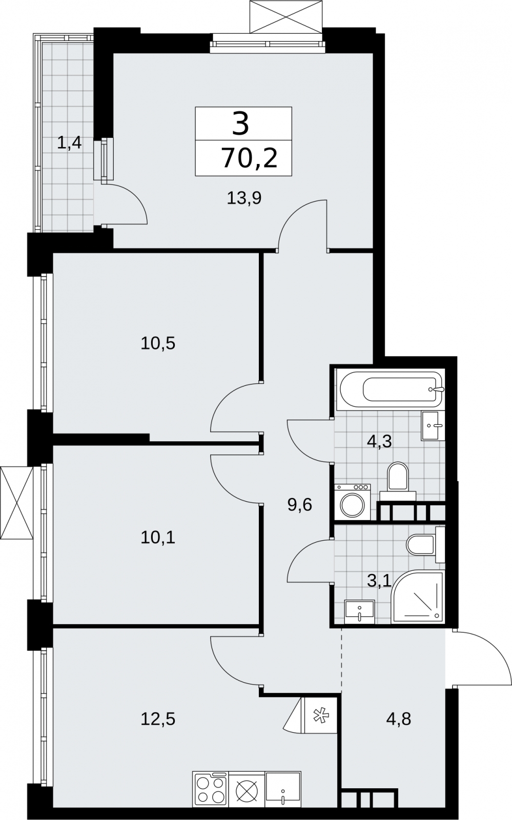 3-комнатная квартира с отделкой в новом жилом комплексе, недалеко от метро
