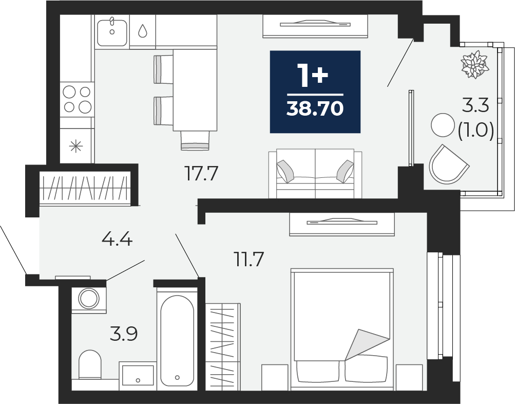 1-комнатная квартира, 41 кв.м, ЖК «Мириады город в принципах ЭНКО»