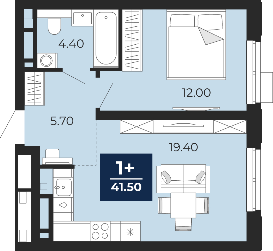 1-комнатная, 41.5 м2, ЖК «Айвазовский Сити»