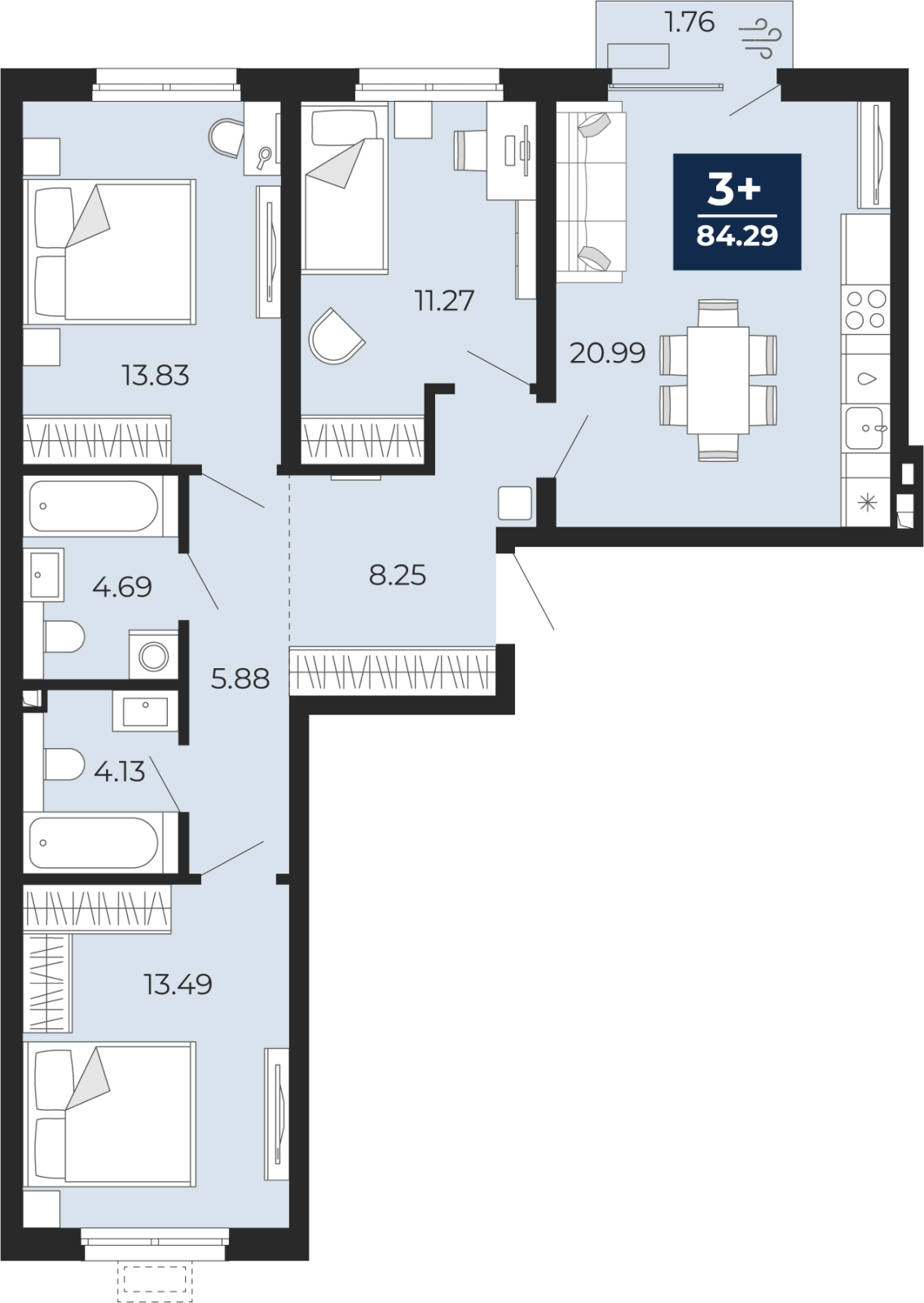 3-комнатная, 84.29 м2, ЖК «Беринг» 3-комнатная, 84.29 м2, ЖК «Беринг»