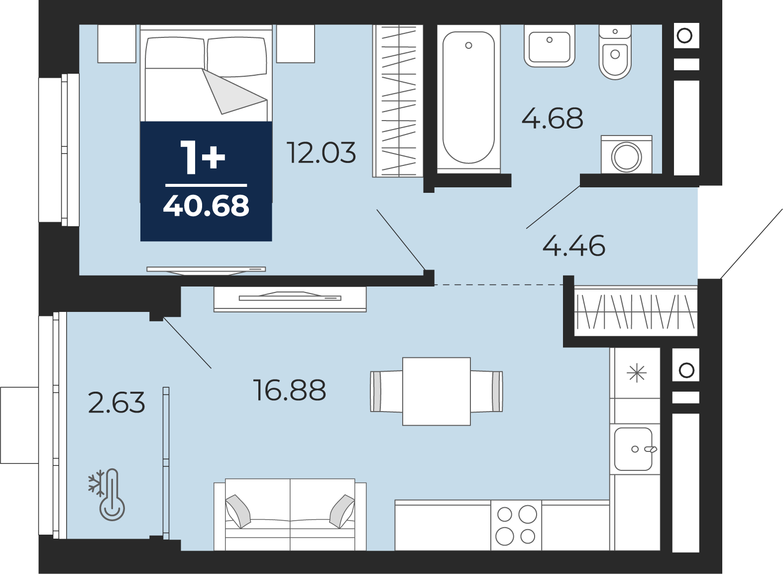 1-комнатная квартира, 40.68 кв.м, ЖК «Соната Парк»