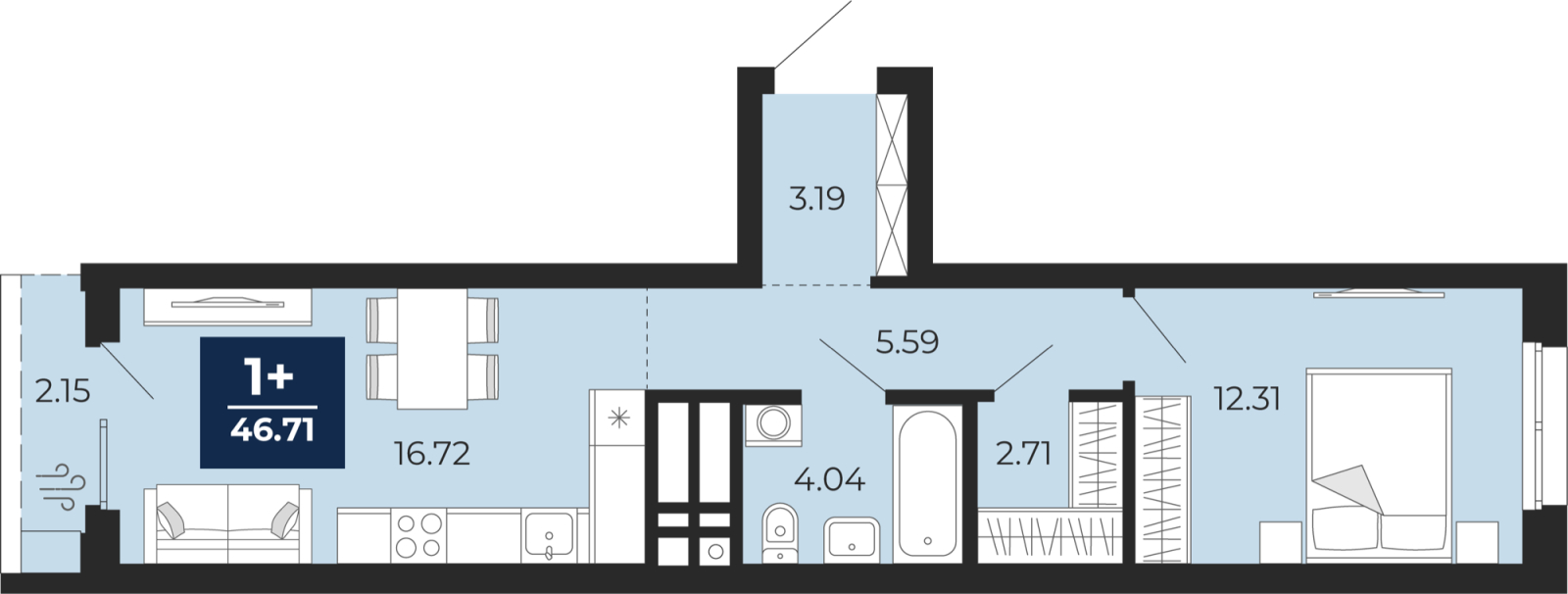 1-комнатная квартира, 46.71 кв.м, ЖК «Соната Парк» 1-комнатная квартира, 46.71 кв.м, ЖК «Соната Парк»