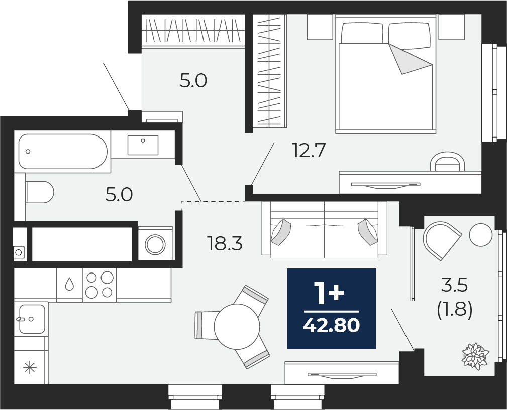 1-комнатная квартира, 44.5 кв.м, ЖК «Мириады город в принципах ЭНКО»