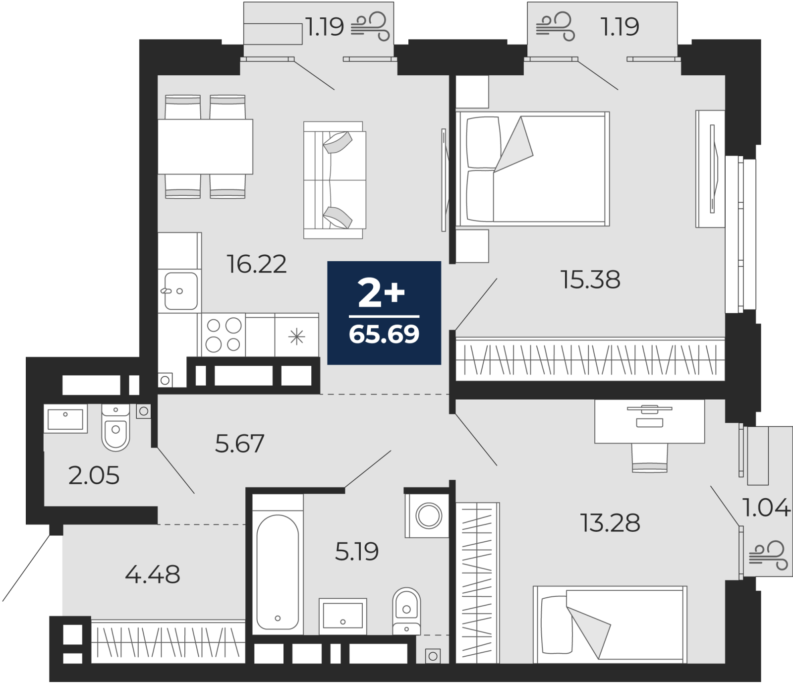 2-комнатная квартира, 65.69 кв.м, ЖК «Айвазовский Сити» 2-комнатная квартира, 65.69 кв.м, ЖК «Айвазовский Сити»