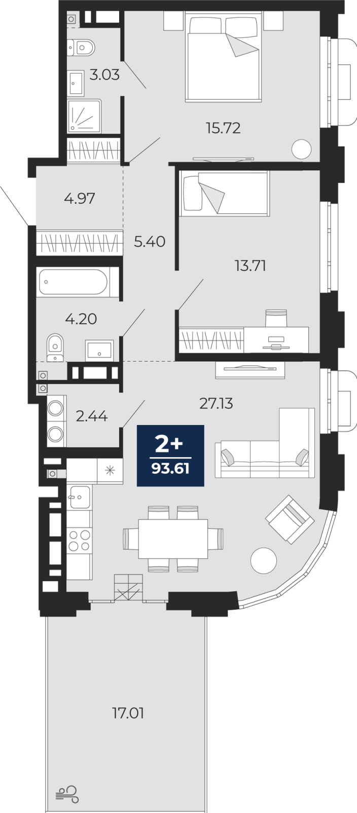 2-комнатная квартира, 93.61 кв.м, ЖК «Айвазовский Сити»