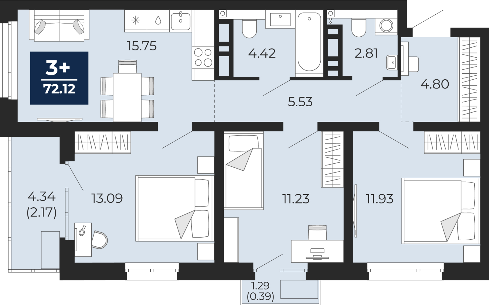 3-комнатная, 75.19 м2, жилой район «Прео»
