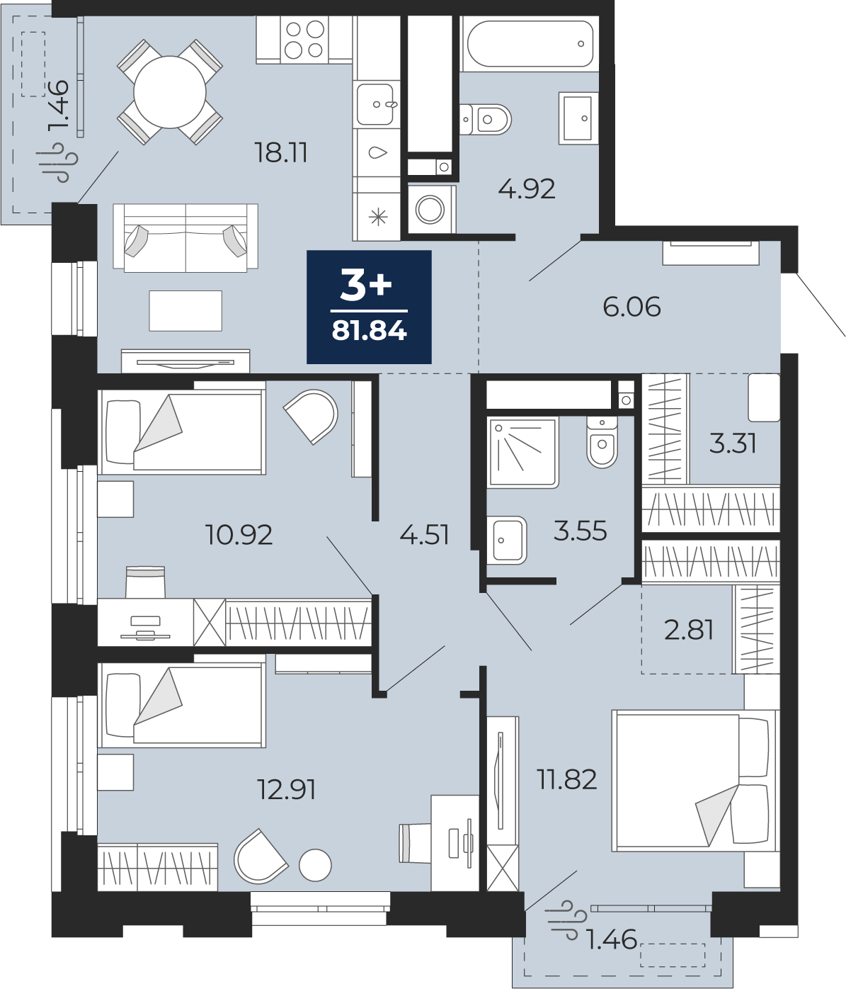 3-комнатная, 81.84 м2, ЖК «Мириады город в принципах ЭНКО» 3-комнатная, 81.84 м2, ЖК «Мириады город в принципах ЭНКО»