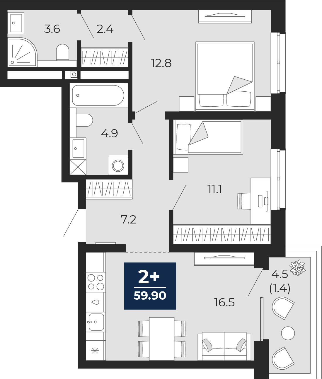 2-комнатная квартира, 63 кв.м, ЖК «Мириады город в принципах ЭНКО» 2-комнатная квартира, 63 кв.м, ЖК «Мириады город в принципах ЭНКО»