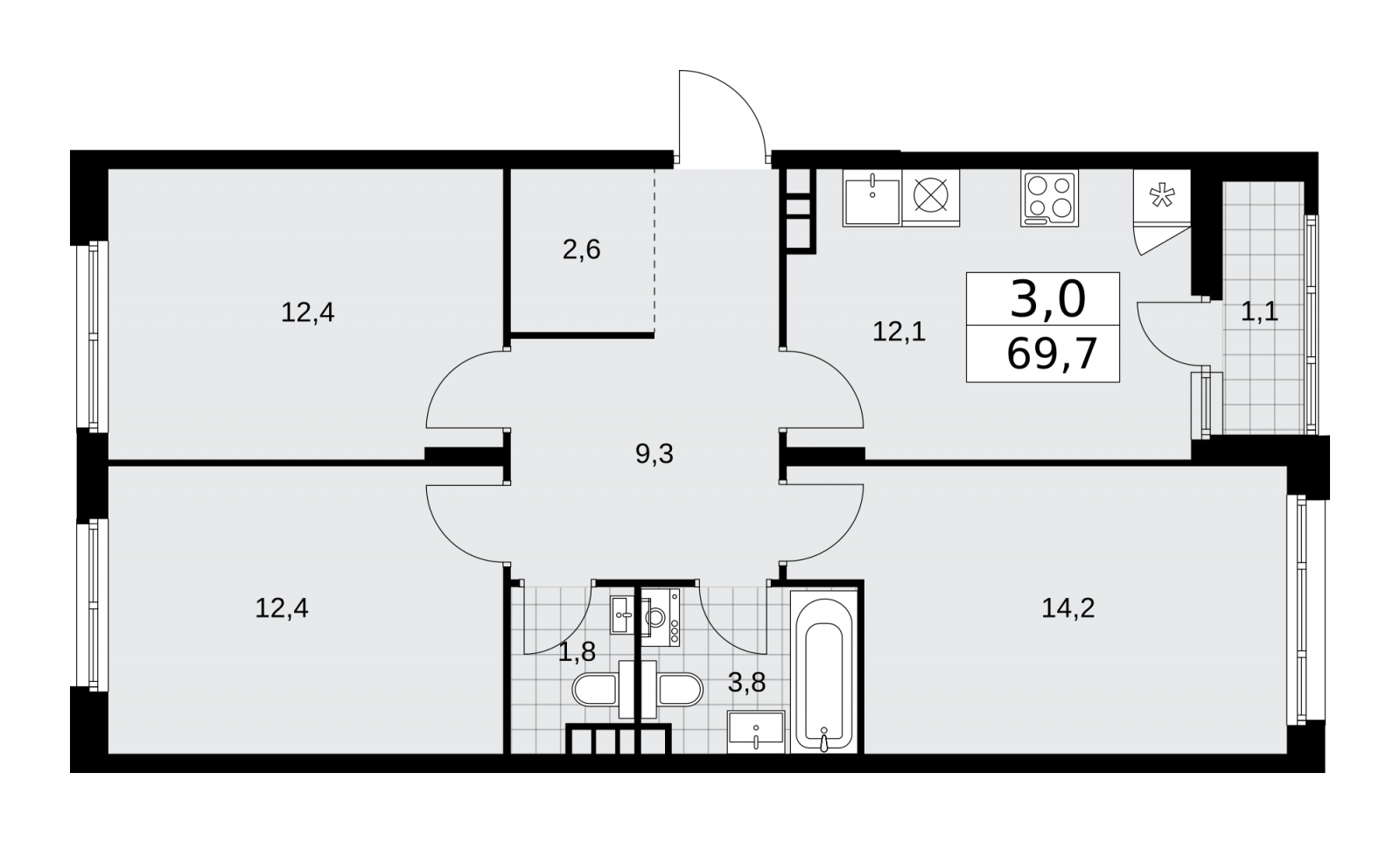 Продается трехкомнатная квартира в новом жилом комплексе, метро рядом