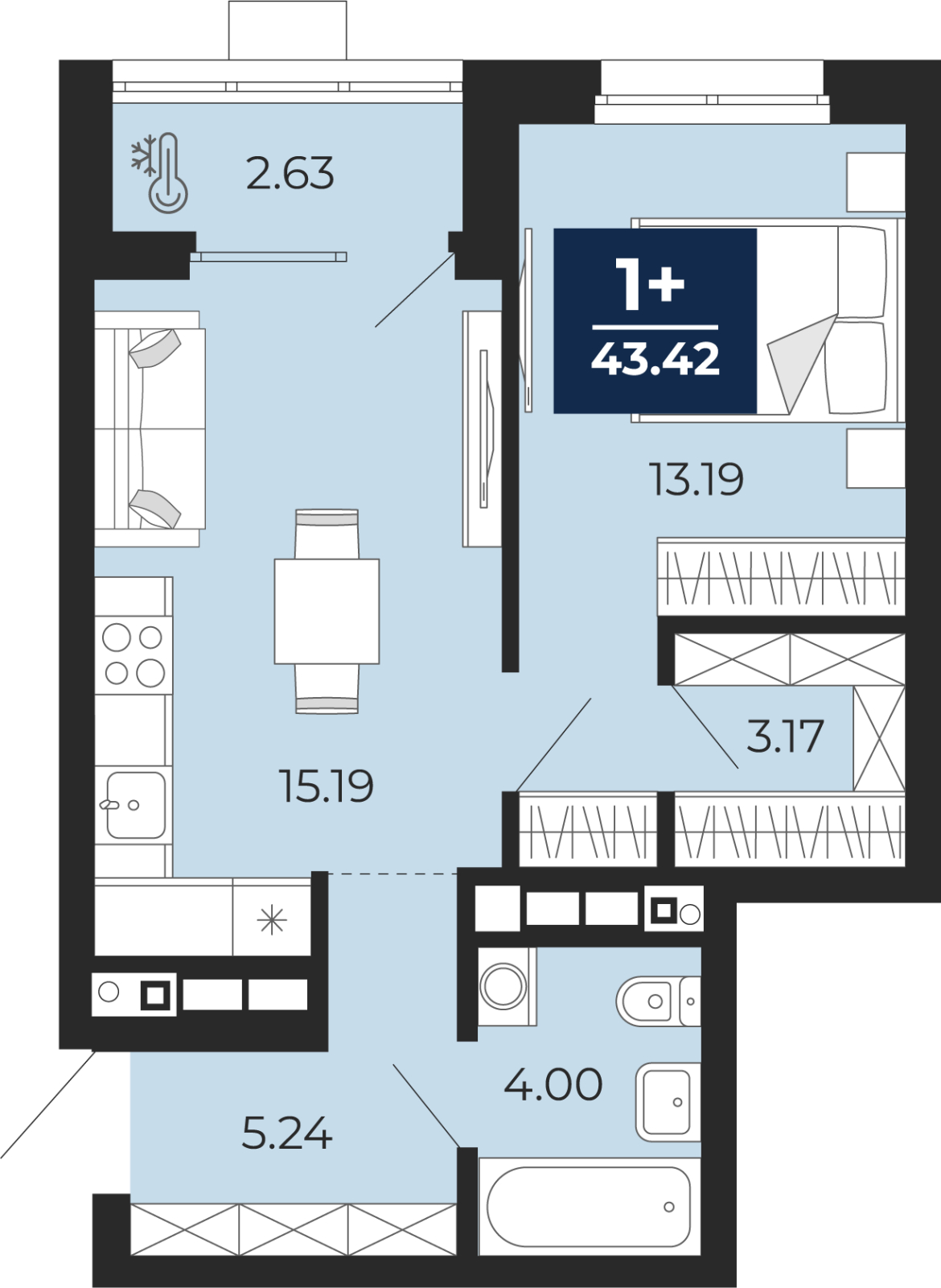1-комнатная квартира, 43.42 кв.м, ЖК «Соната Парк» 1-комнатная квартира, 43.42 кв.м, ЖК «Соната Парк»