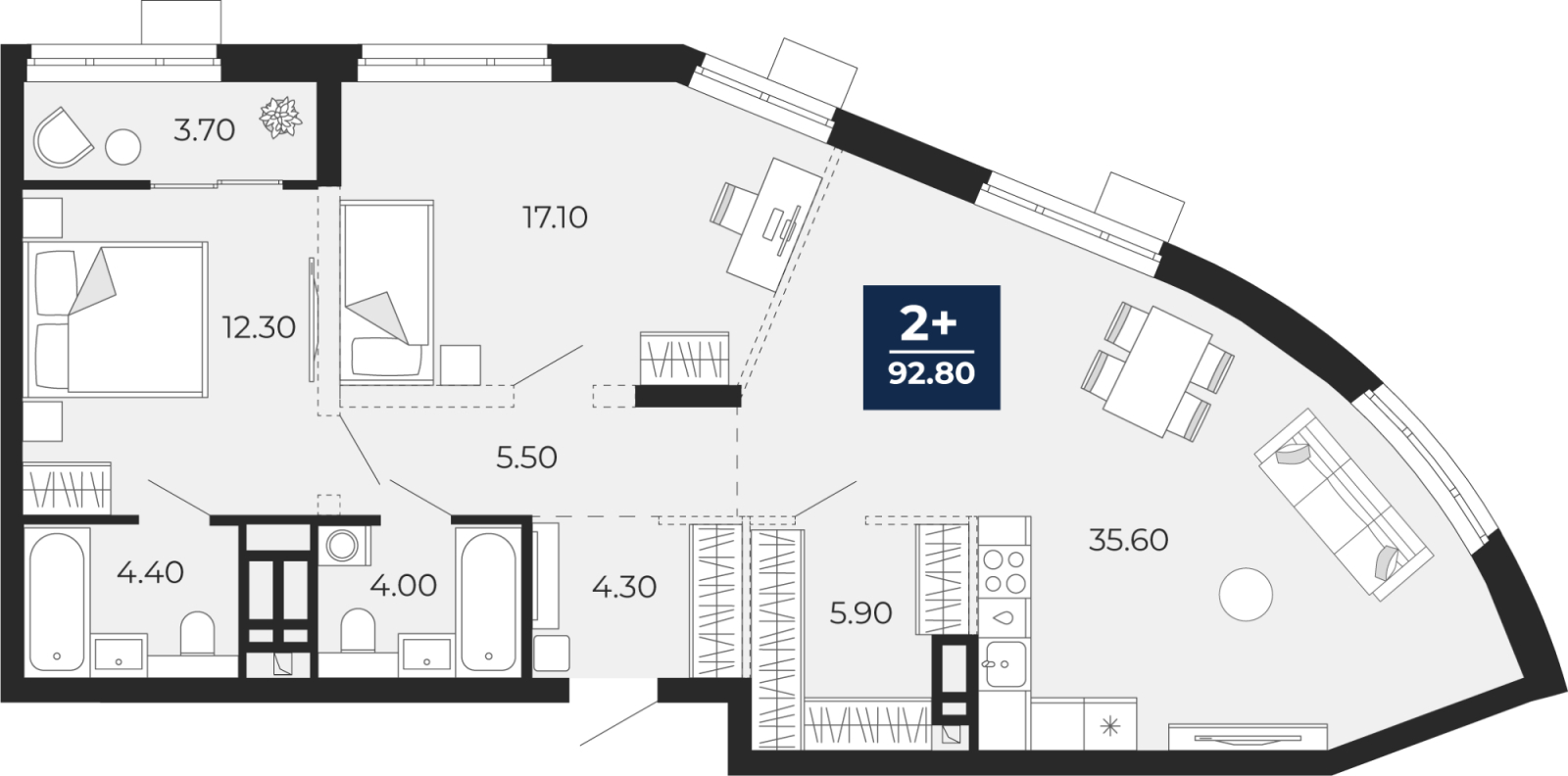2-комнатная квартира, 92.8 кв.м, ЖК "Айвазовский"