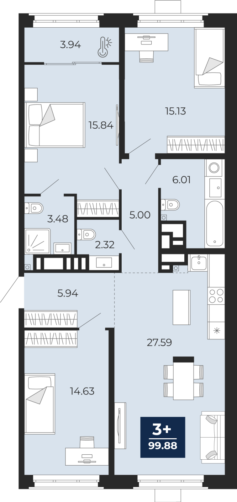 3-комнатная квартира, 99.88 кв.м, ЖК "Айвазовский"