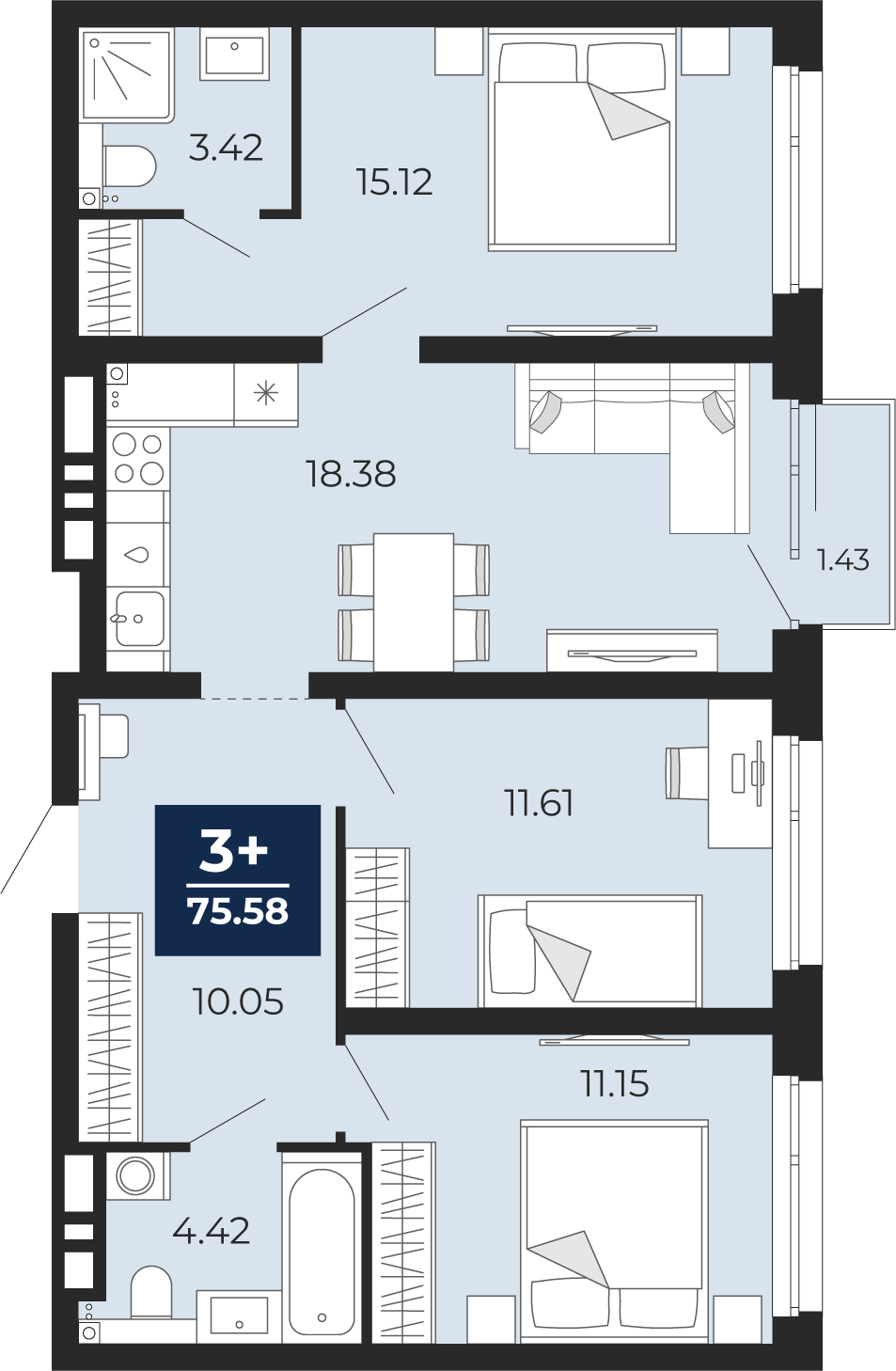 3-комнатная квартира, 75.58 кв.м, жилой район «Прео» 3-комнатная квартира, 75.58 кв.м, жилой район «Прео»