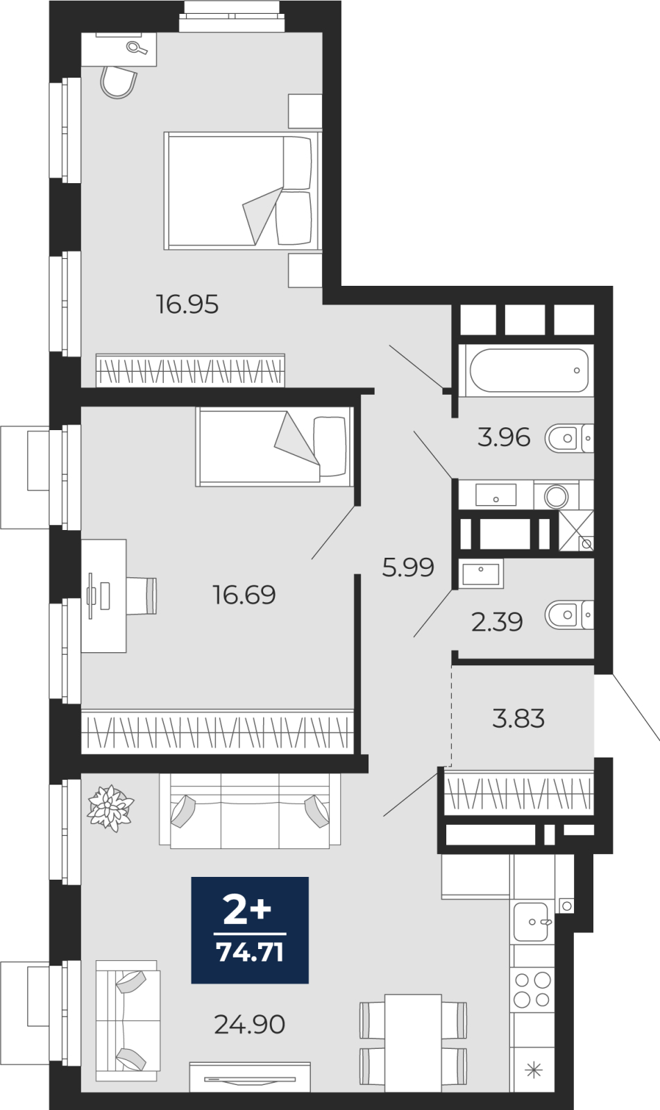 2-комнатная квартира, 74.71 кв.м, ЖК "Айвазовский"