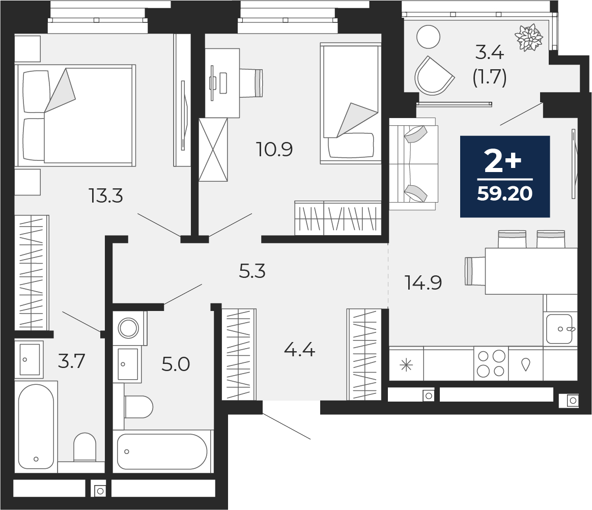 2-комнатная квартира, 60.9 кв.м, ЖК «Мириады город в принципах ЭНКО» 2-комнатная квартира, 60.9 кв.м, ЖК «Мириады город в принципах ЭНКО»