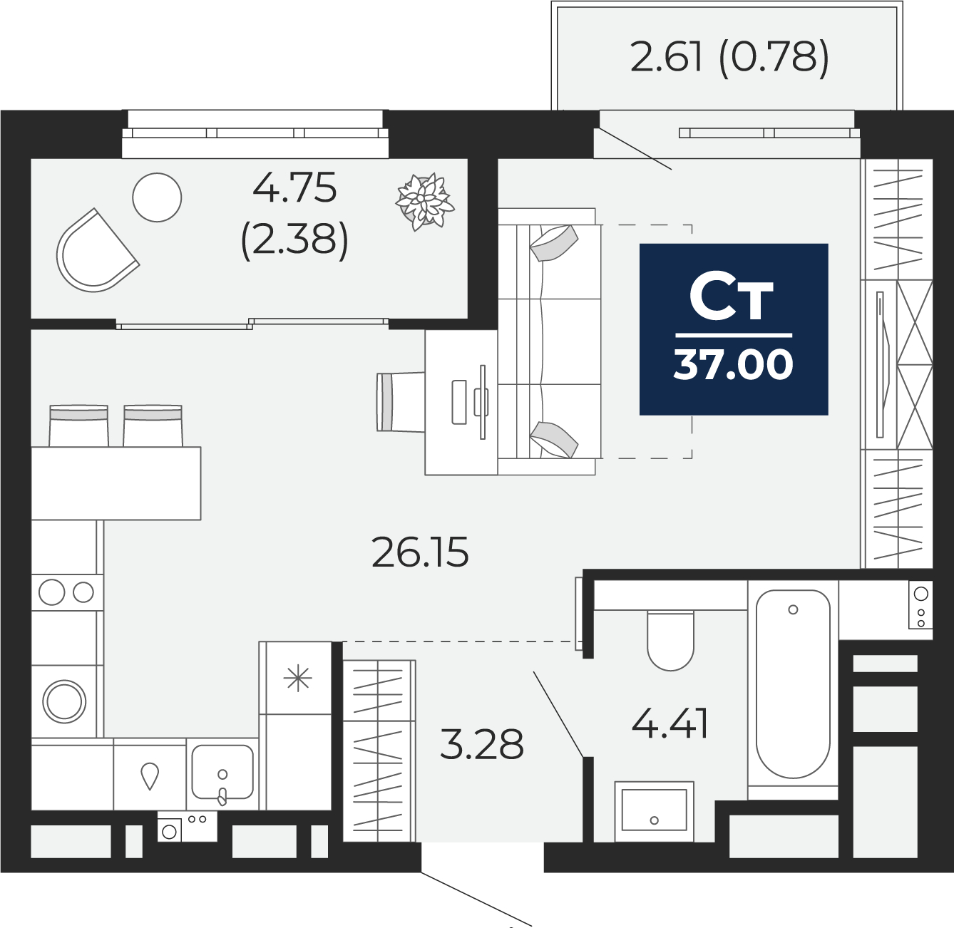 1-комнатная квартира, 41.2 кв.м, ЖК «Беринг»