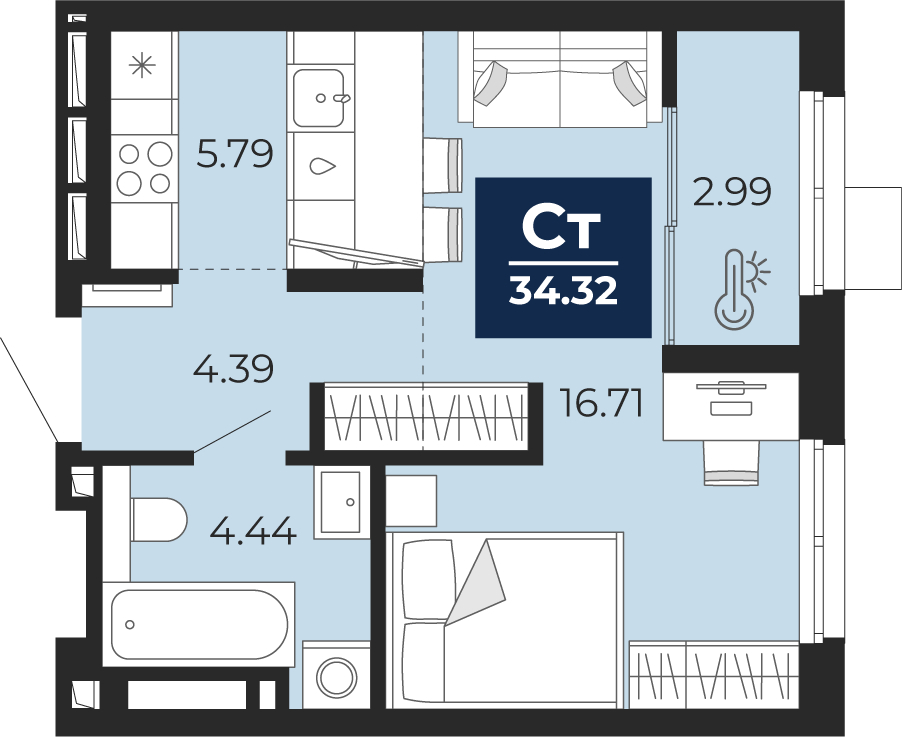 1-комнатная квартира, 34.32 кв.м, ЖК "Беринг"