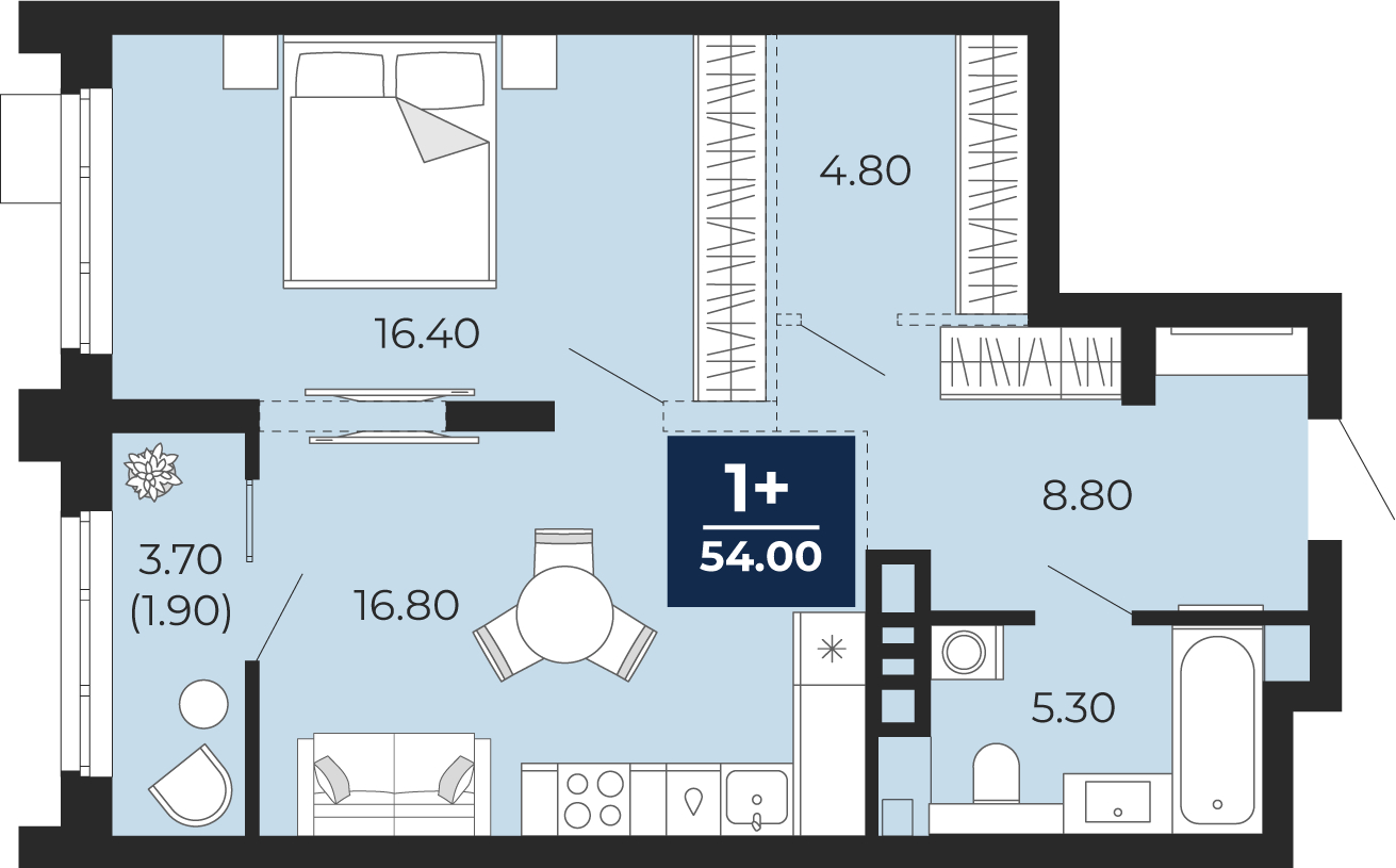 1-комнатная, 51.53 м2, ЖК «Айвазовский Сити»