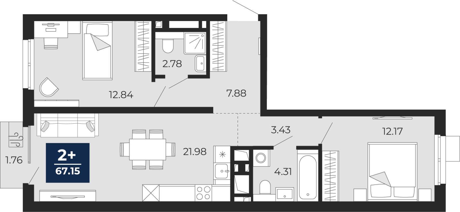 2-комнатная, 67.15 м2, ЖК «Беринг»