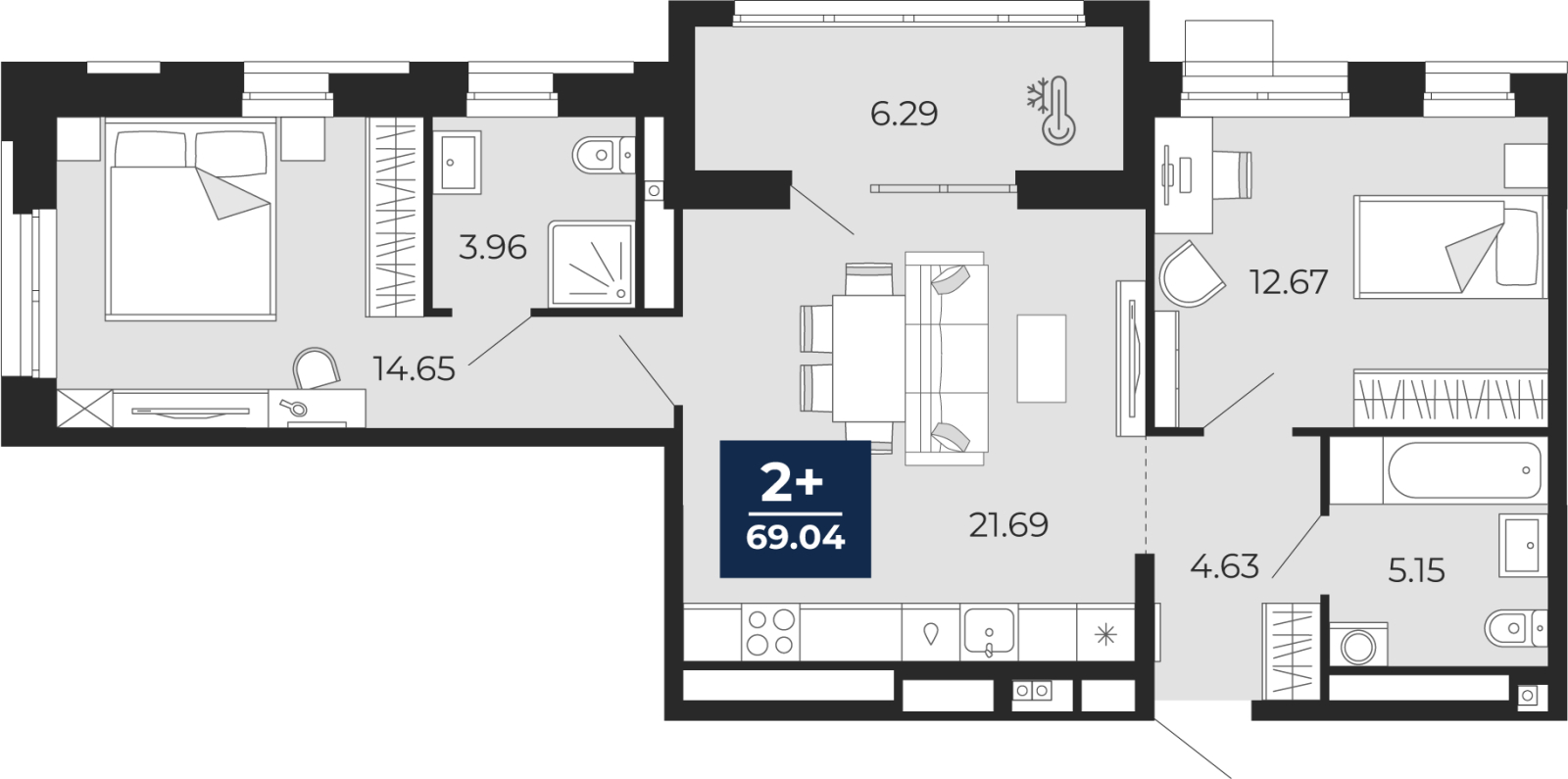 2-комнатная, 69.04 м2, ЖК «Мириады город в принципах ЭНКО»
