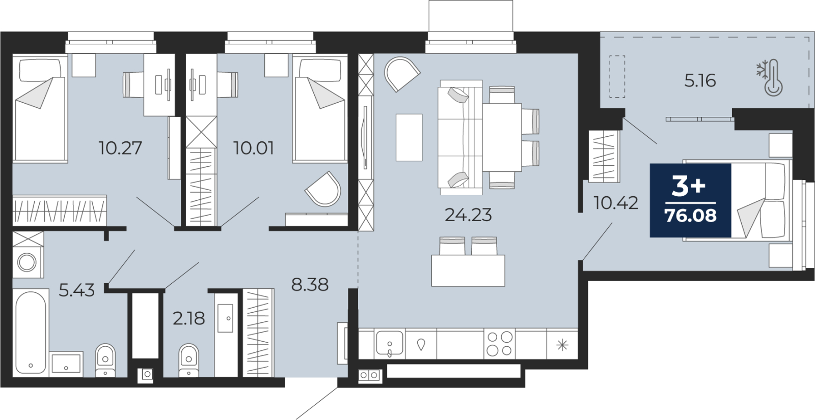 3-комнатная, 76.08 м2, ЖК «Мириады город в принципах ЭНКО»