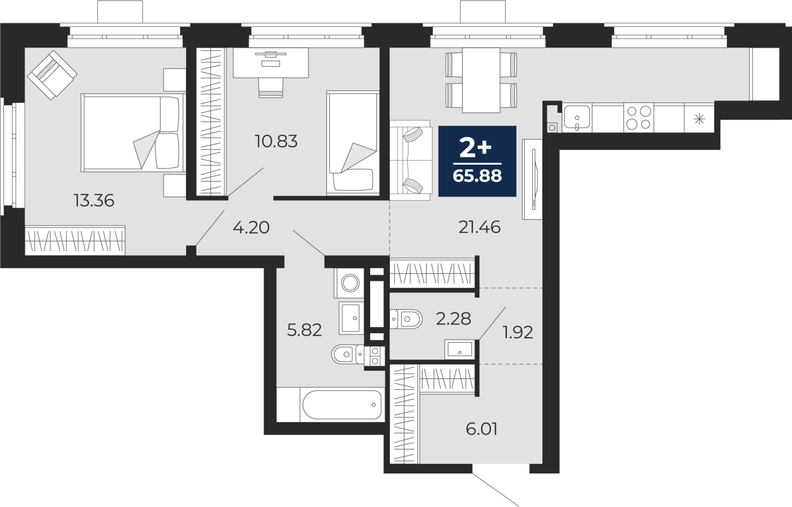 2-комнатная квартира, 65.88 кв.м, ЖК "Айвазовский"