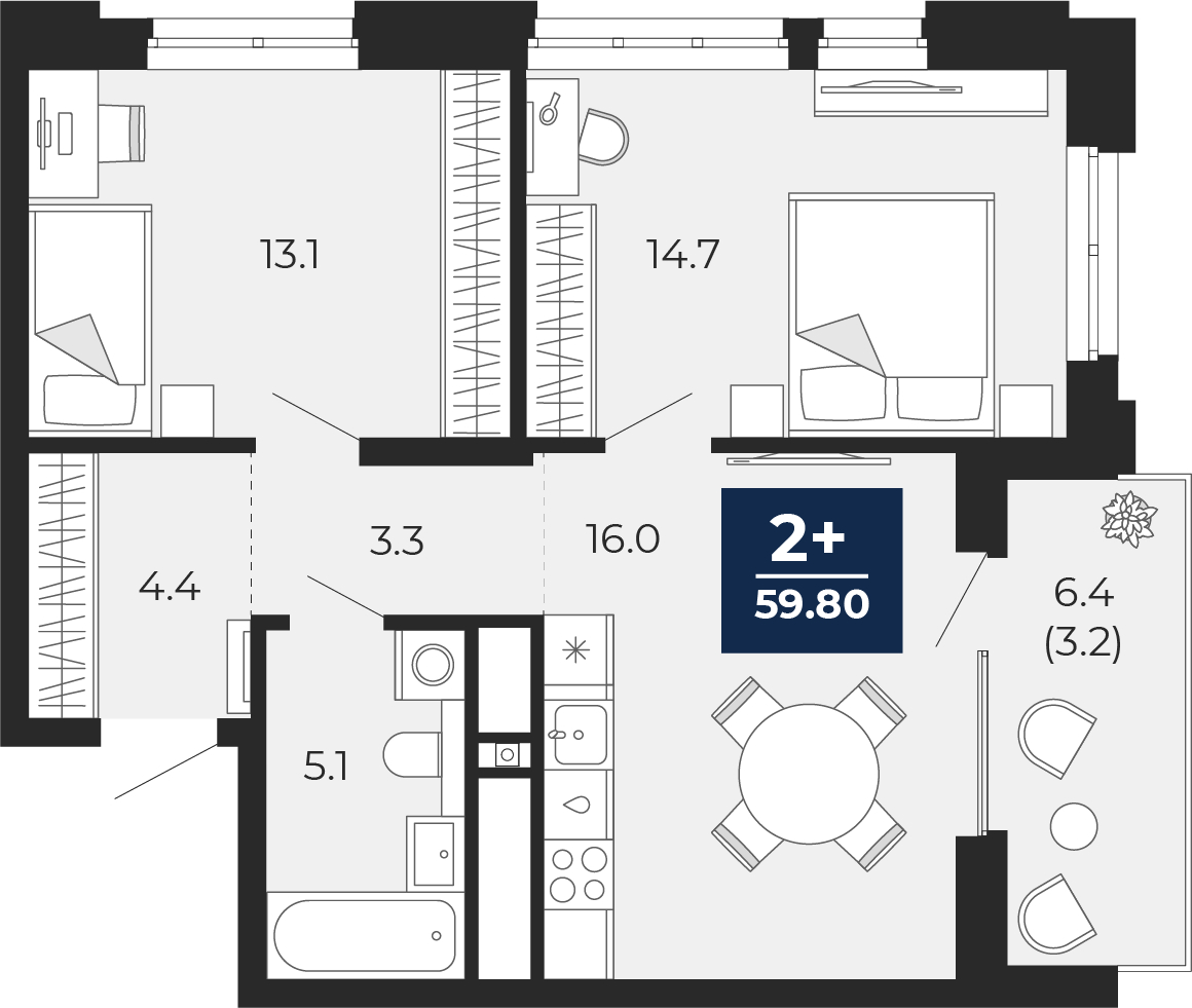 2-комнатная, 63 м2, ЖК «Мириады город в принципах ЭНКО»