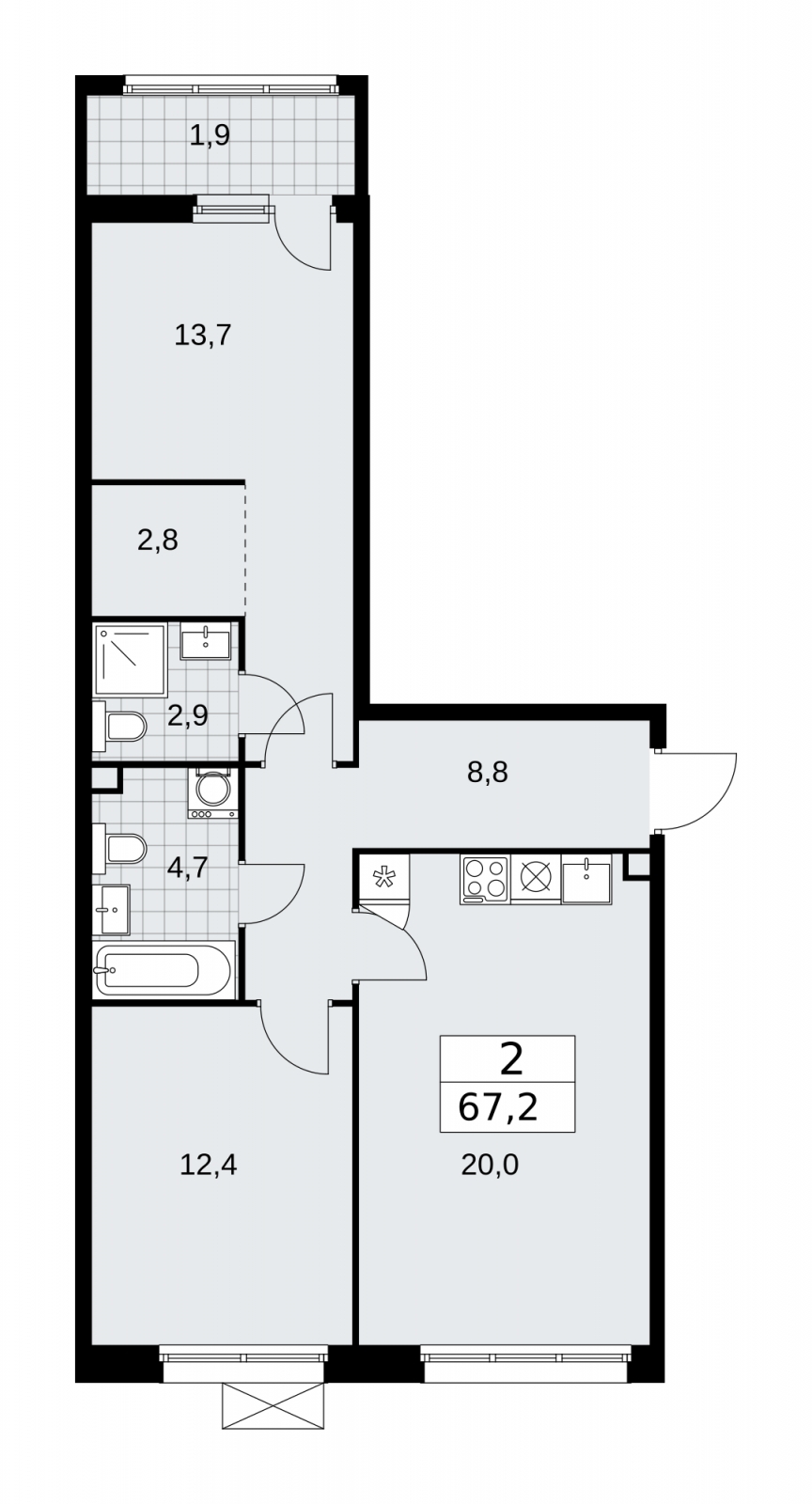 Продается просторная двухкомнатная квартира в новом ЖК, метро рядом