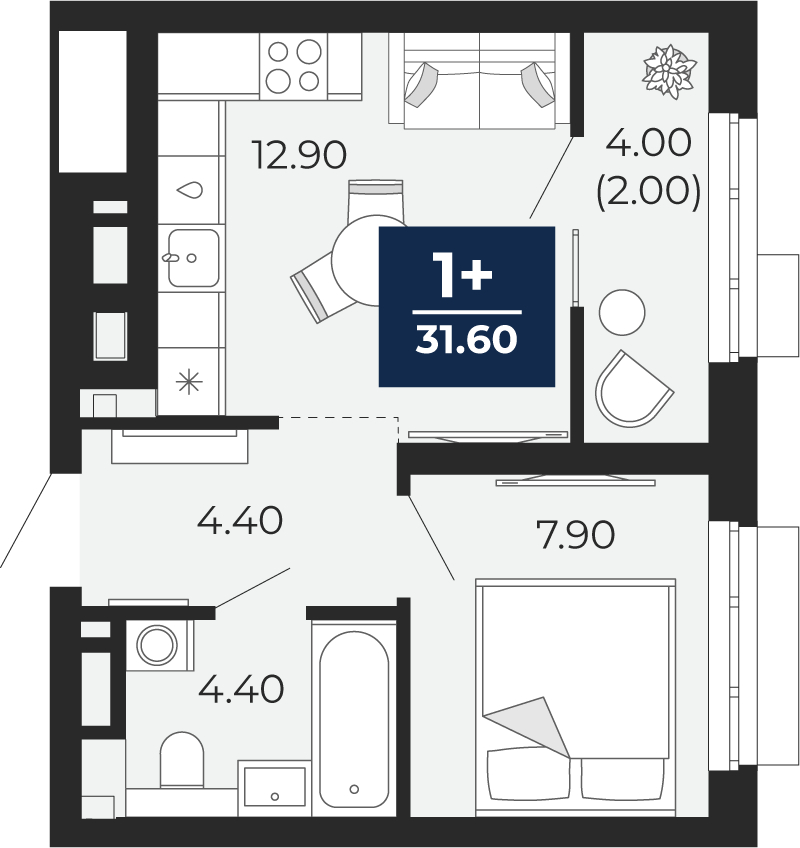 1-комнатная, 33.6 м2, ЖК «Айвазовский Сити»