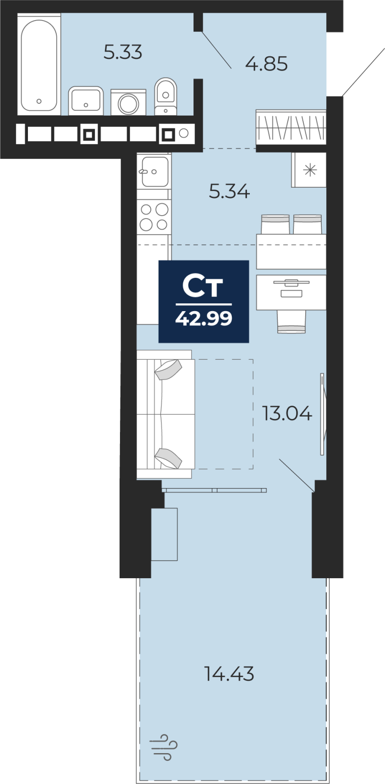 Объявление №71594290: 1-комн. квартира-студия с террасой и отделкой в новостройке
