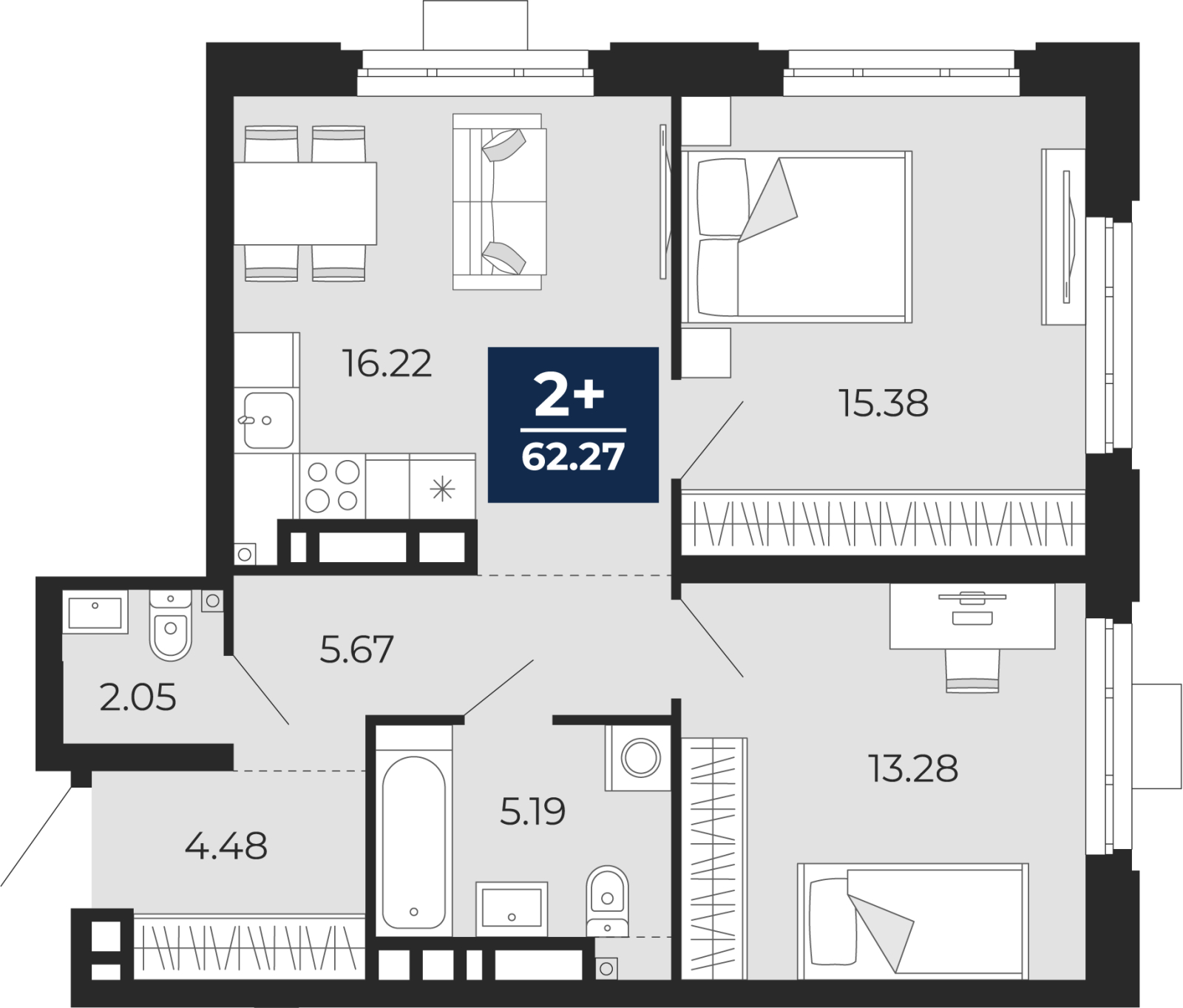2-комнатная квартира, 62.27 кв.м, ЖК "Айвазовский"