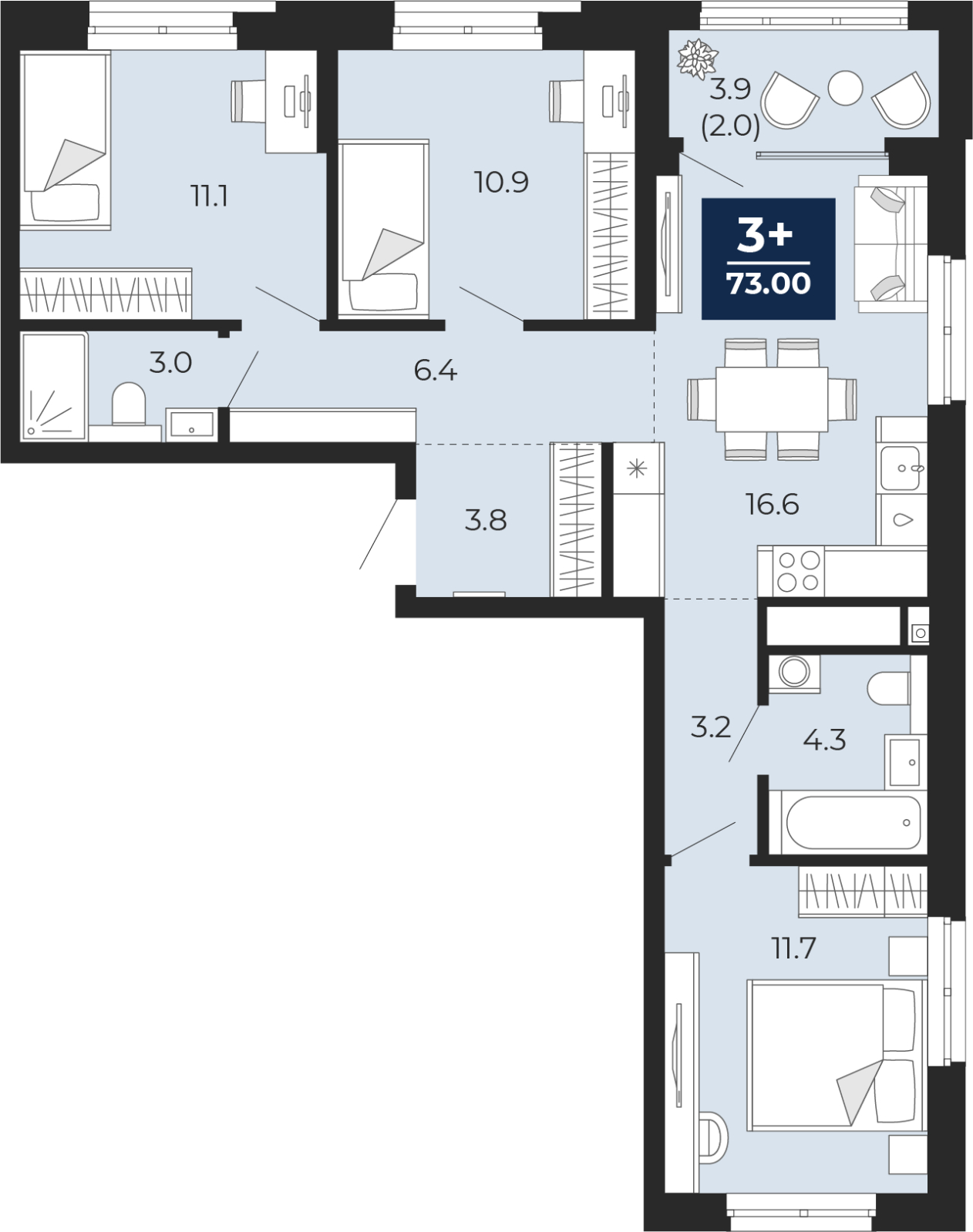 3-комнатная квартира, 74.9 кв.м, ЖК "Мириады"