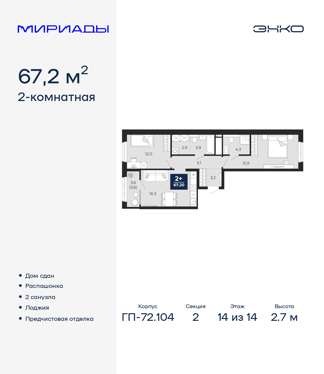 2-комнатная квартира, 67.2 кв.м, ЖК «Мириады город в принципах ЭНКО»