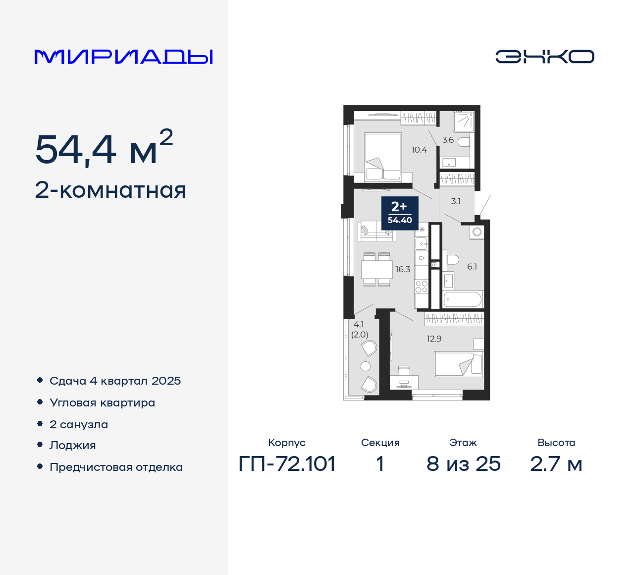 2-комнатная, 54.4 м2, ЖК «Мириады город в принципах ЭНКО»