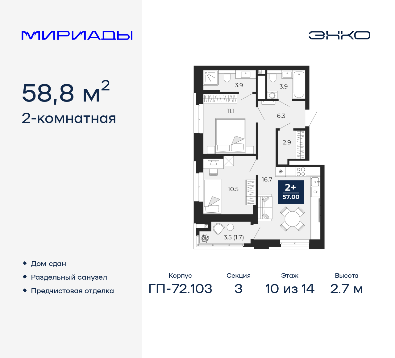 2-комнатная, 58.8 м2, ЖК «Мириады город в принципах ЭНКО» 2-комнатная, 58.8 м2, ЖК «Мириады город в принципах ЭНКО»