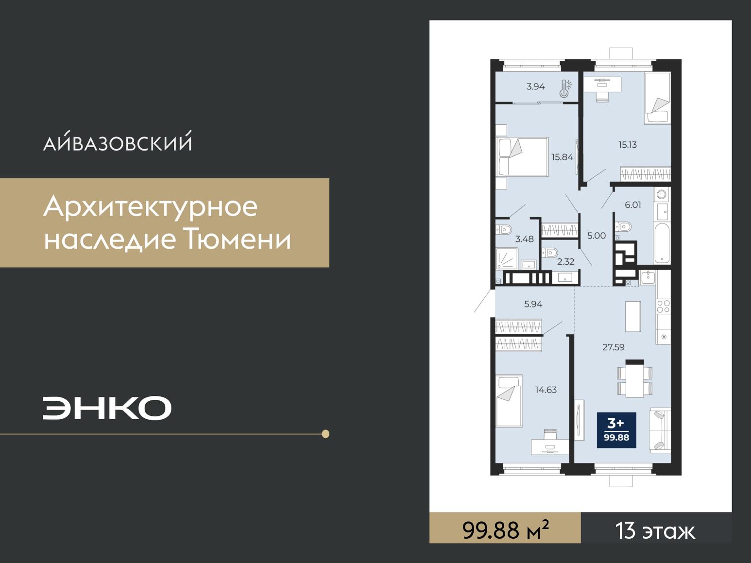 3-комнатная, 99.88 м2, ЖК «Айвазовский Сити»