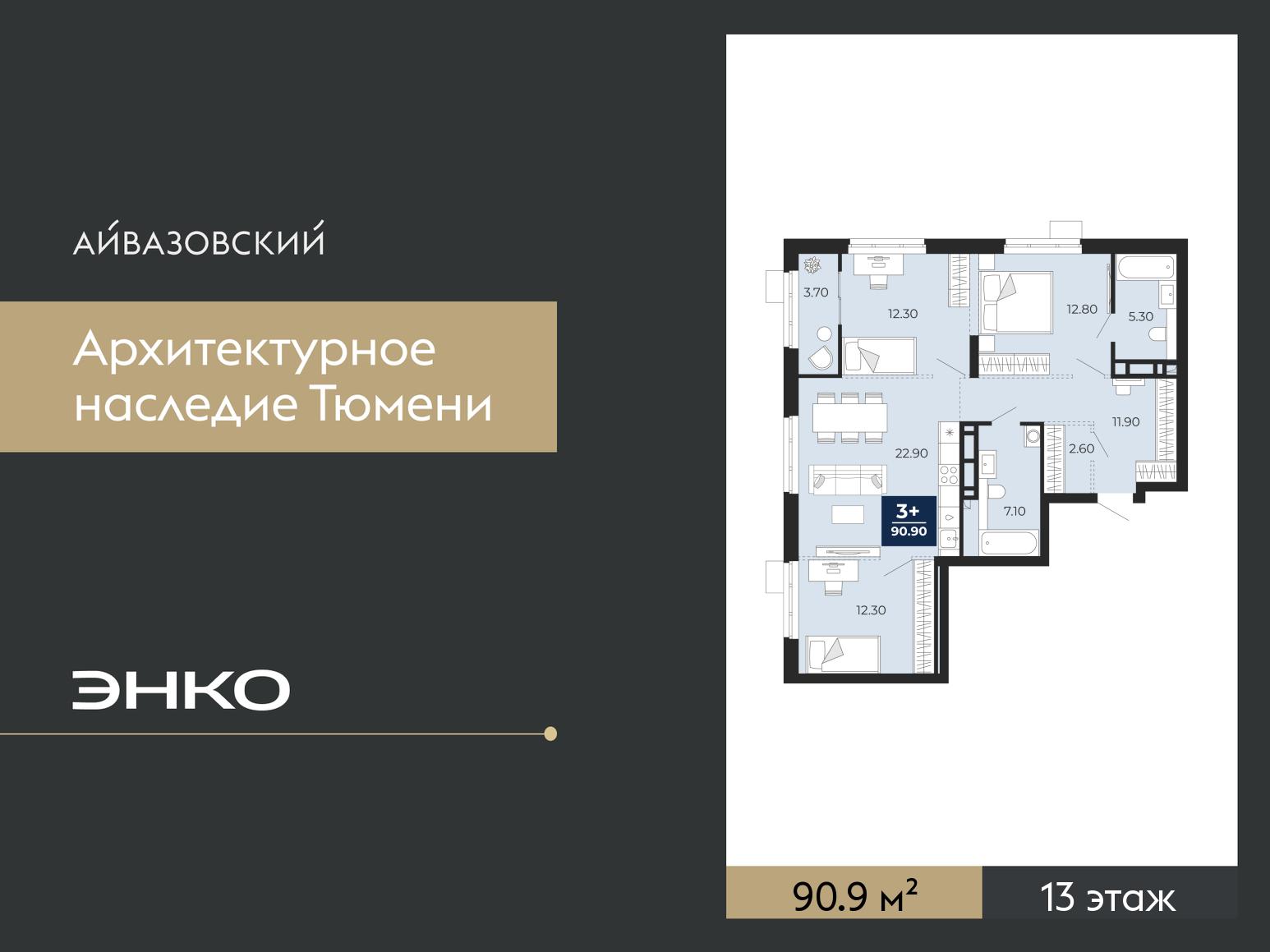 3-комнатная квартира, 90.9 кв.м, ЖК «Айвазовский Сити»