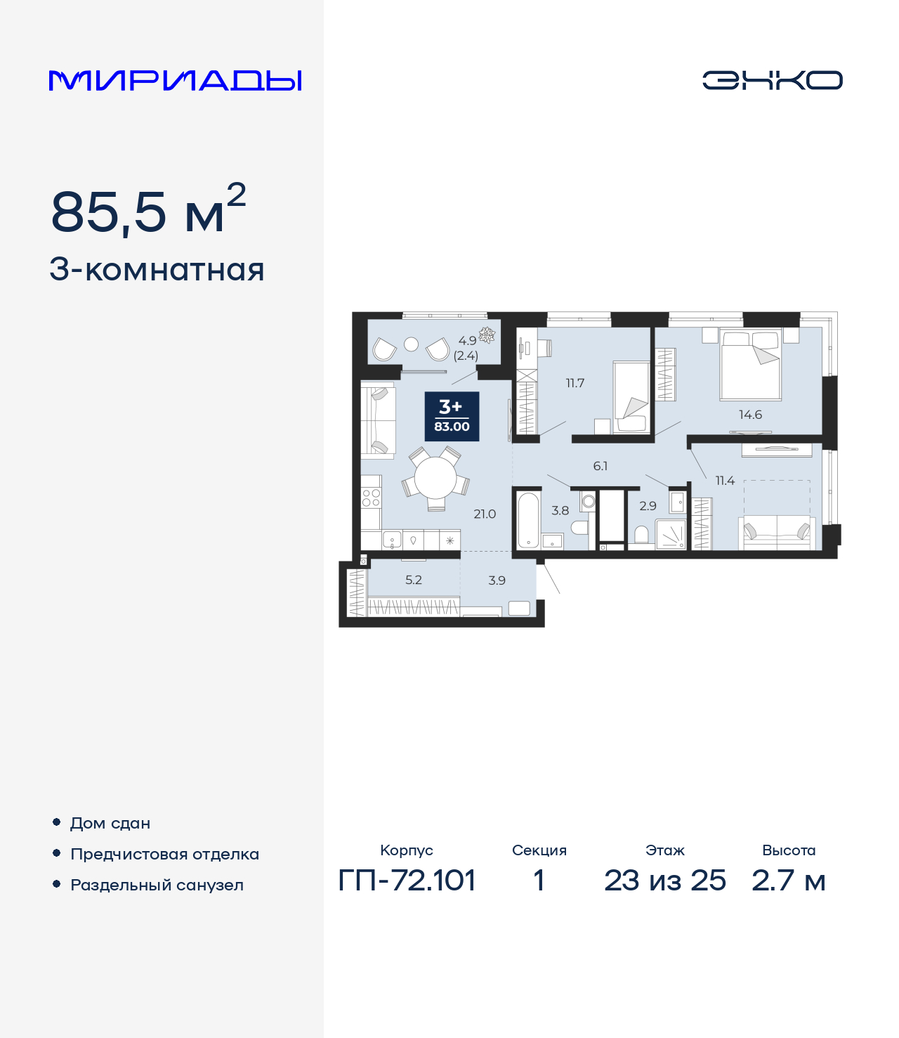 3-комнатная квартира, 85.5 кв.м, ЖК «Мириады город в принципах ЭНКО»