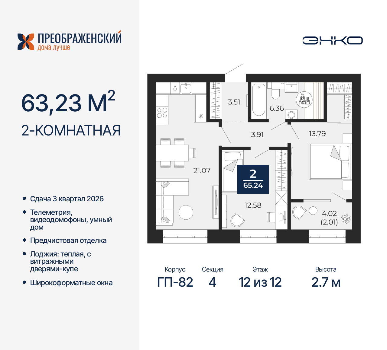 Объявление №71580179: Просторная двухкомнатная квартира в новостройке