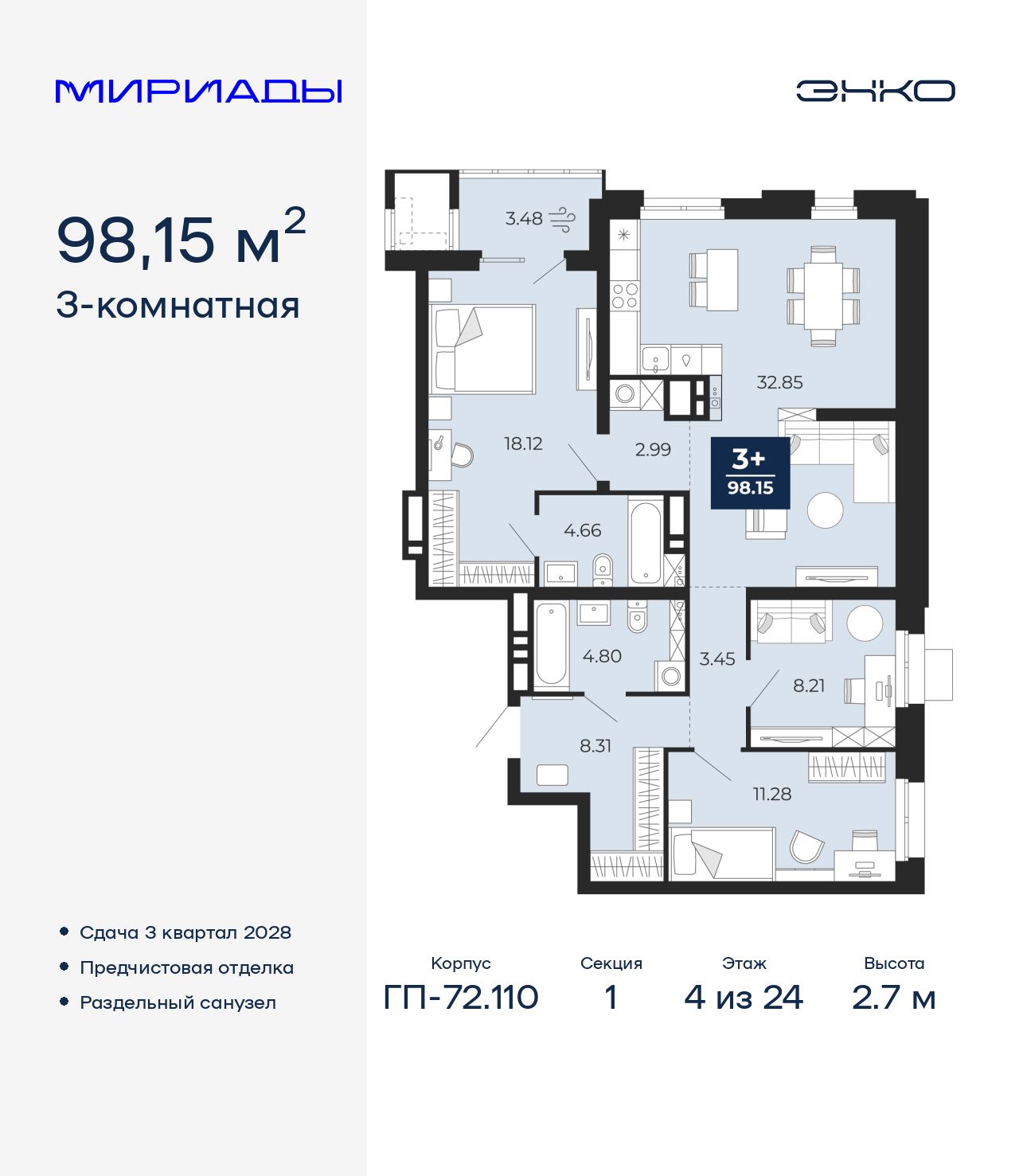 3-комнатная, 98.15 м2, ЖК «Мириады город в принципах ЭНКО»