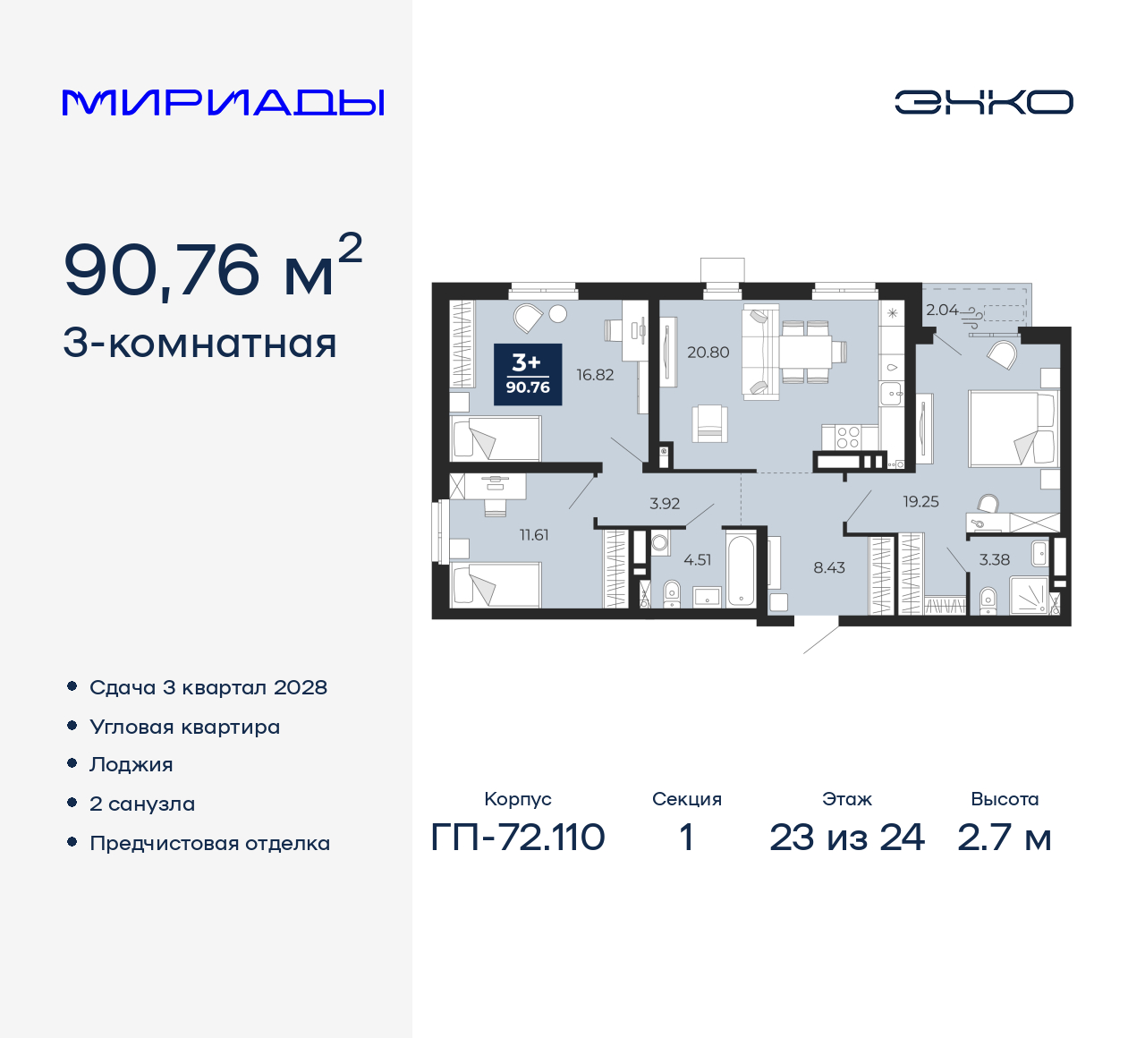 3-комнатная, 90.76 м2, ЖК «Мириады город в принципах ЭНКО»