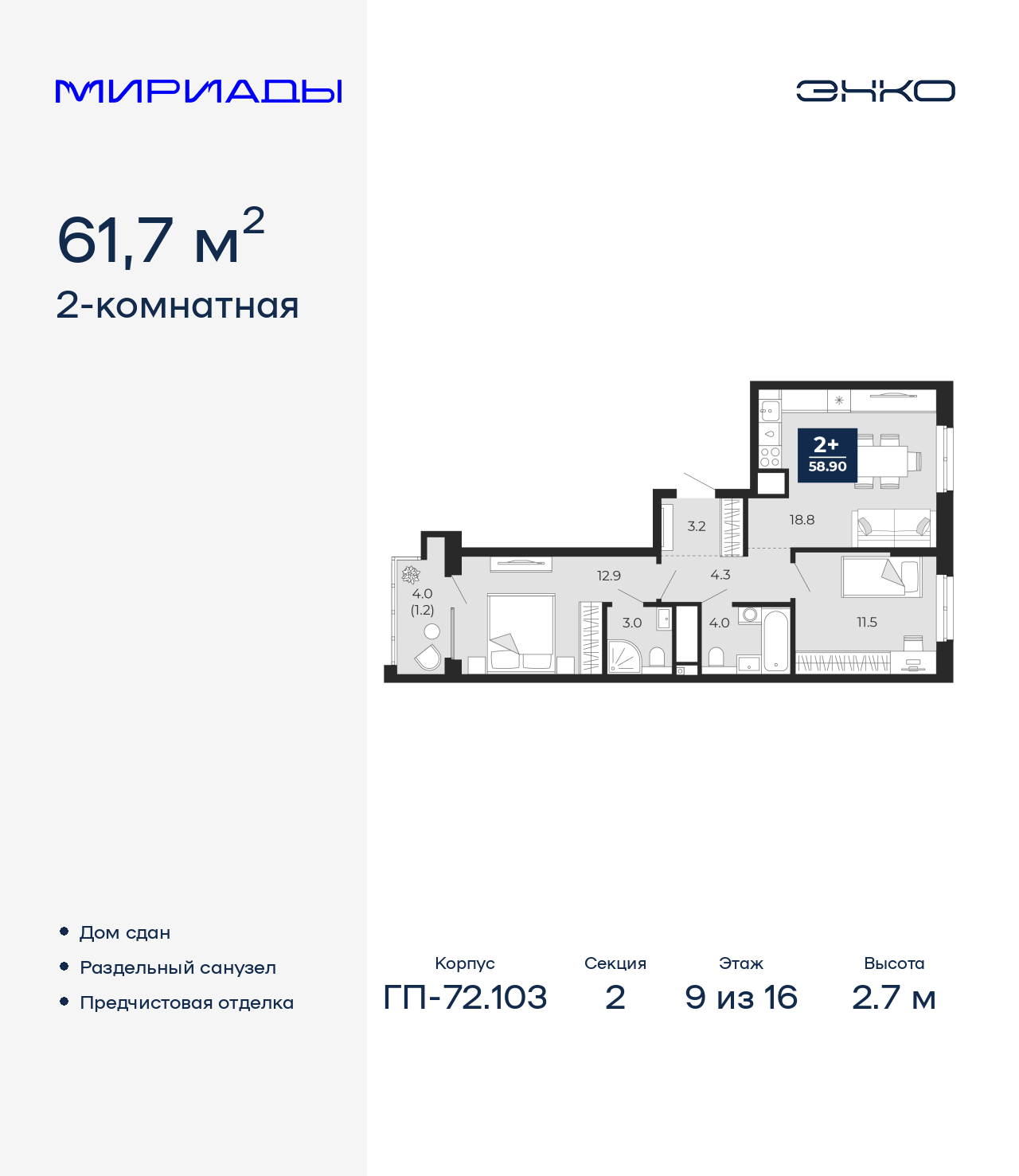 2-комнатная, 61.7 м2, ЖК «Мириады город в принципах ЭНКО»