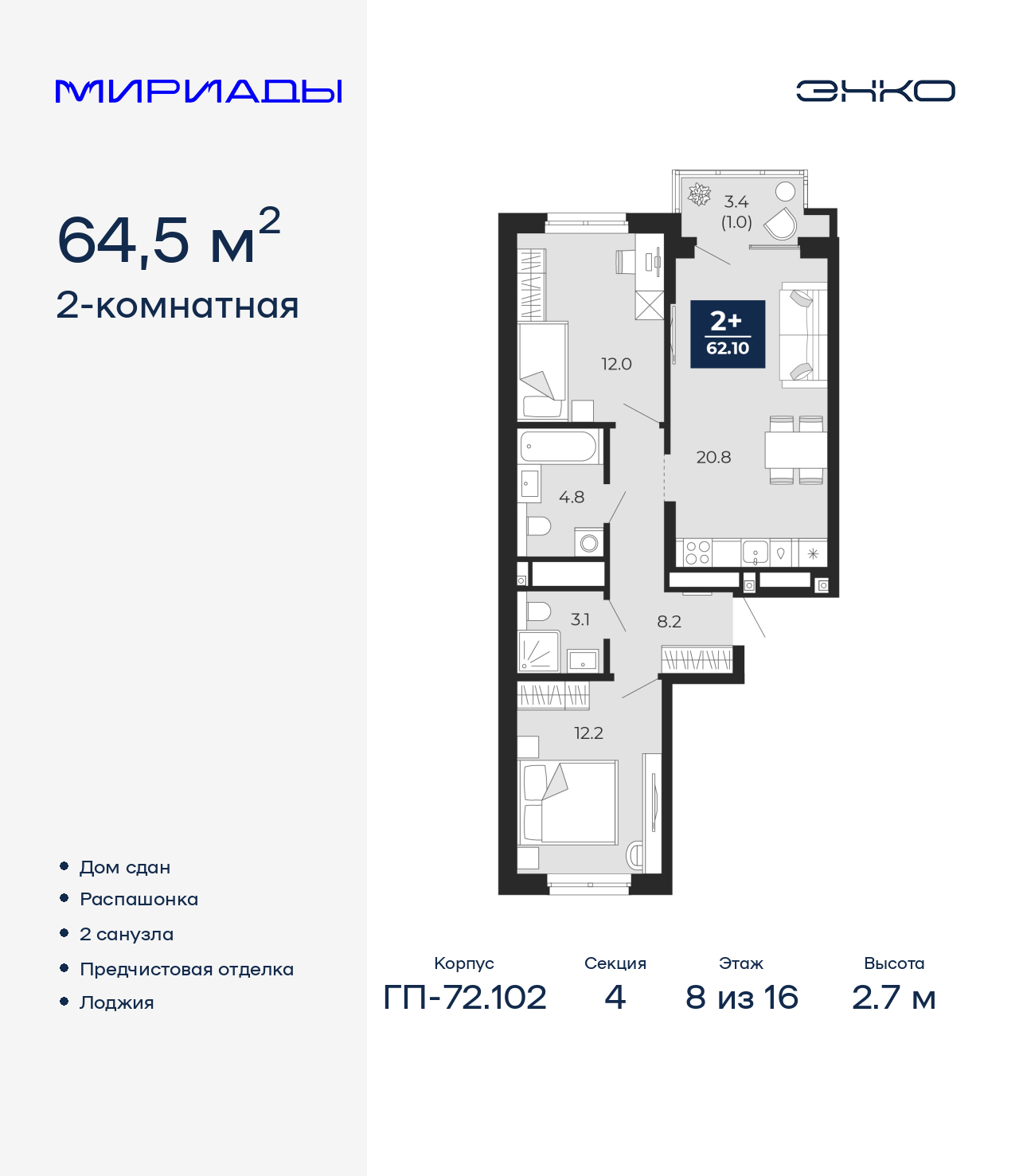 2-комнатная, 64.5 м2, ЖК «Мириады город в принципах ЭНКО»