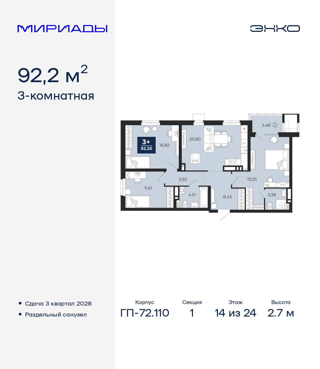 3-комнатная квартира, 92.2 кв.м, ЖК "Мириады"