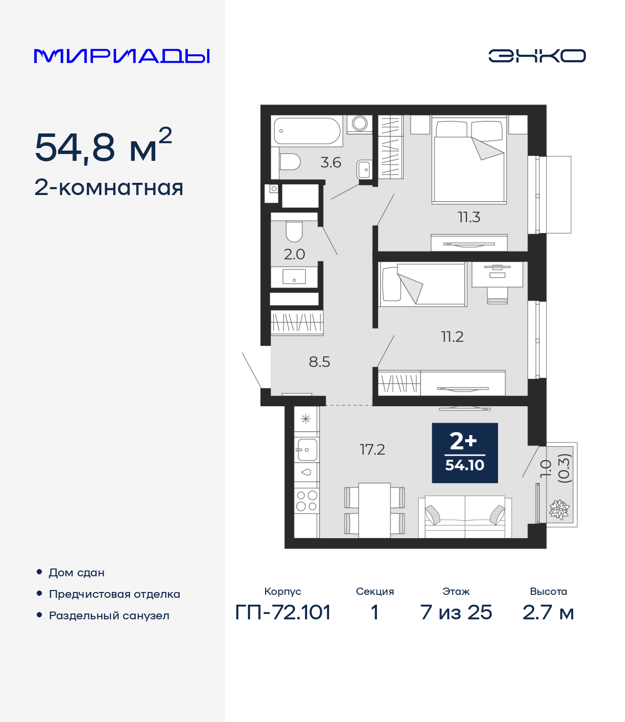 2-комнатная, 54.8 м2, ЖК «Мириады город в принципах ЭНКО»