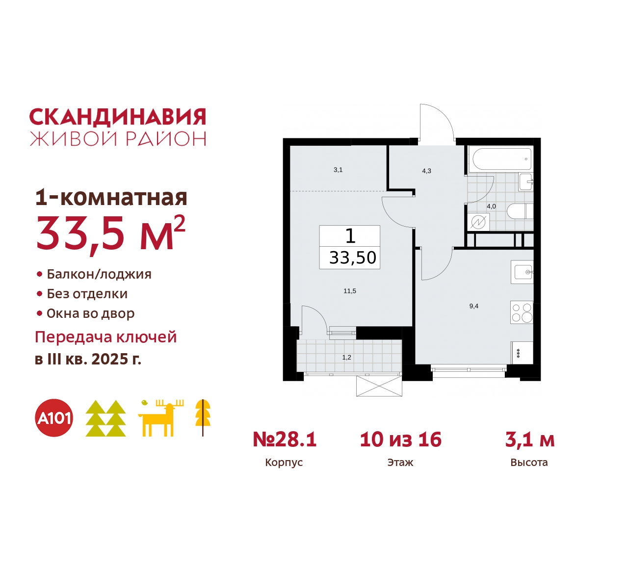 Продажа 1-комнатной новостройки, Москва, жилой комплекс Скандинавия,  28.1