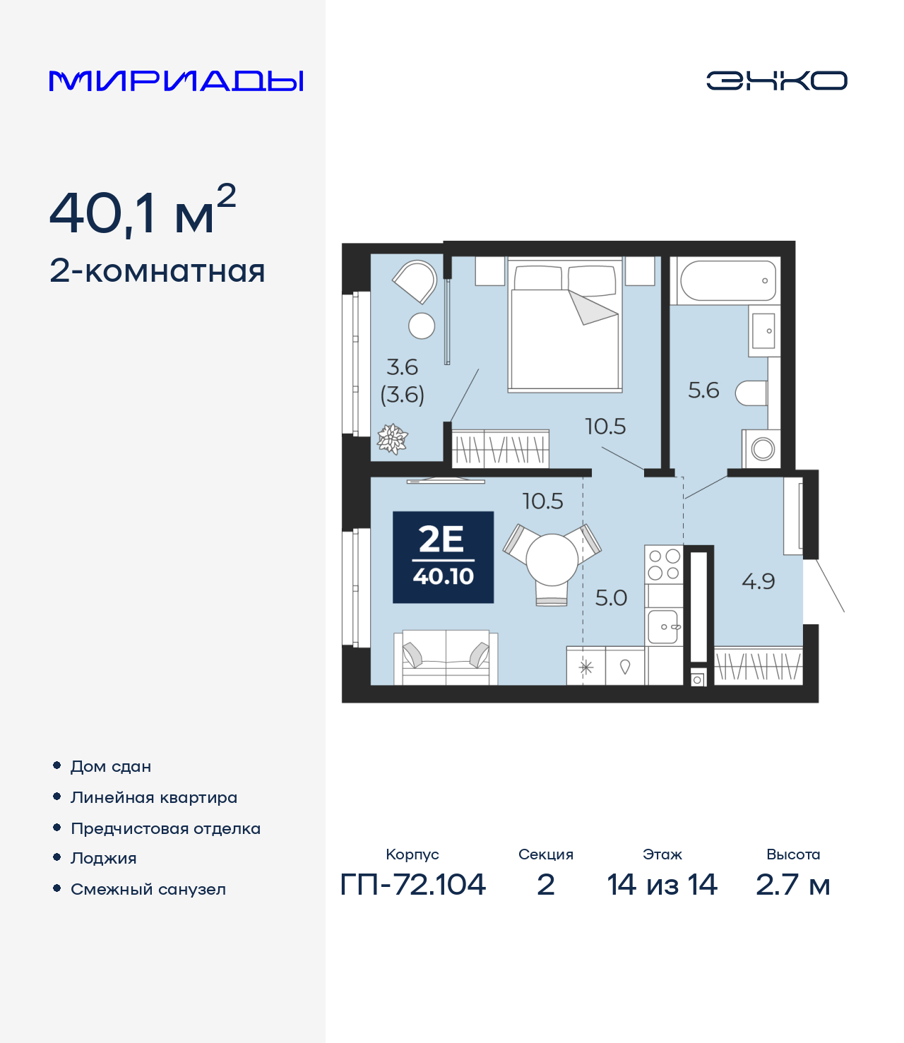 2-комнатная, 40.1 м2, ЖК «Мириады город в принципах ЭНКО»